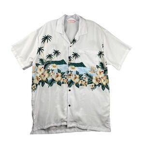 El Quwatu Hawaiian Shirt Mens Large White Tropical Floral Palm Tree Island